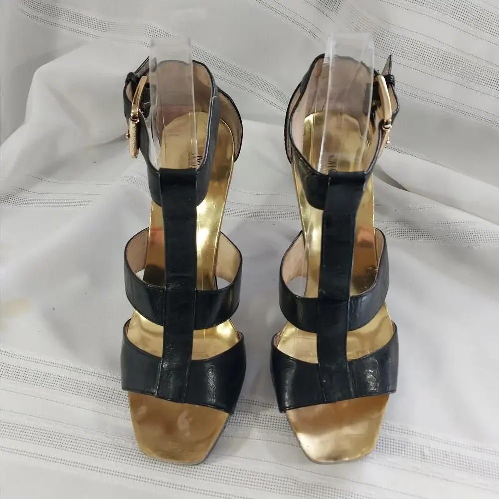 MICHAEL KORS! RICH BLACK GENUINE LEATHER, HARNESS FRONT/BUCKLE HEELS! SZ 6.5M